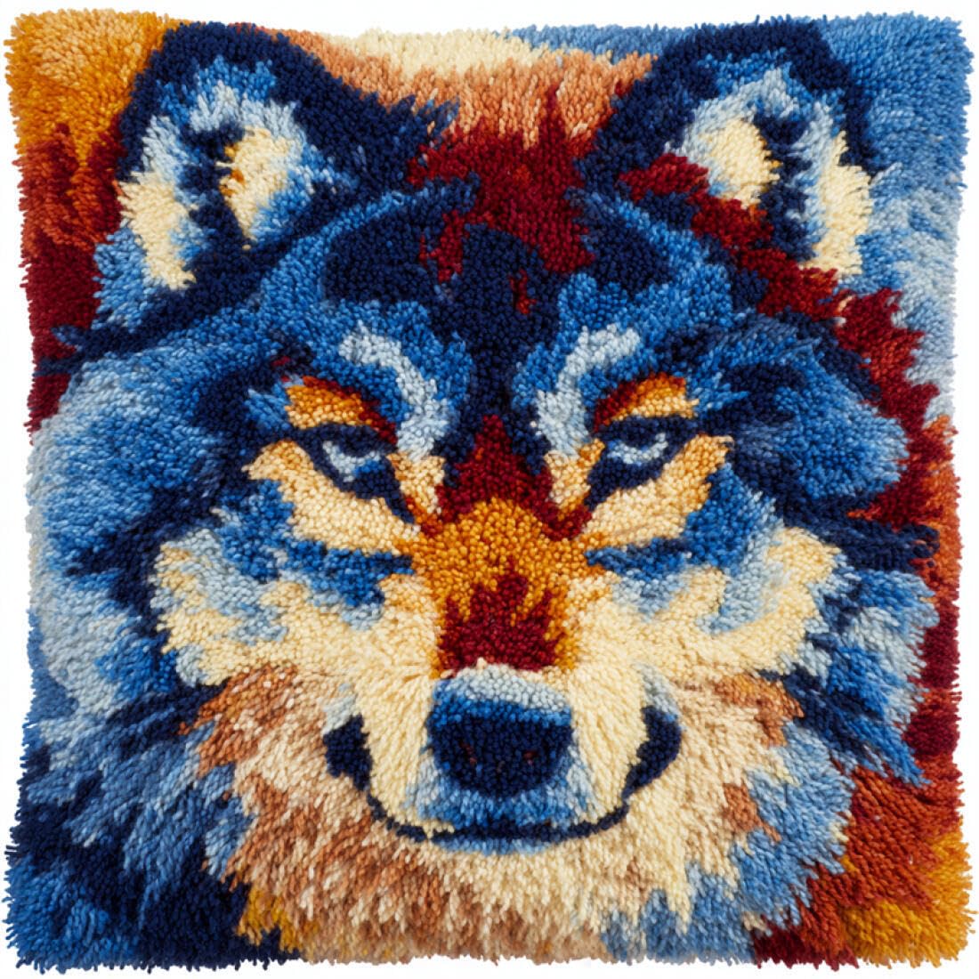 Kitquiver Animal DIY Latch Hook Kit Wolf Portrait DIY Latch Hook Kits Pillow Needlepoint Cushion Kit for Home Décor Needlework Set for Adult Beginners 17x17In