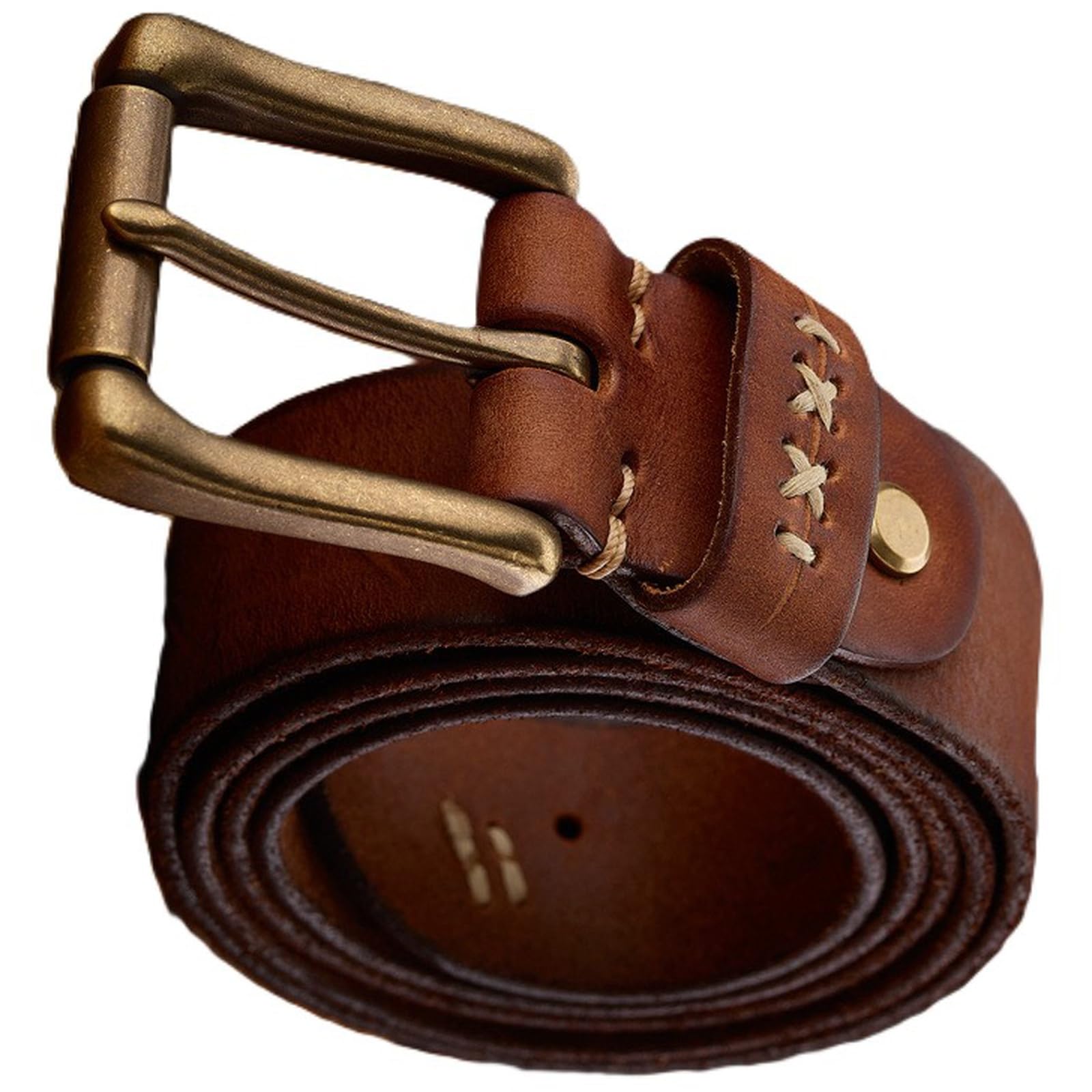 AGUTALITHIC Mens Distressed Durable Belt,Full Grain Leather Scratches Strap with Heavy Duty Vintage Solid Brass Roller Buckle(130cm/51, Brown)