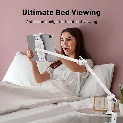 Miniatura 2 de AboveTEK Soporte para tablet para escritorio y cama, brazo de aluminio para iPad con abrazadera giratoria de 360, soporte ajustable para teléfono
