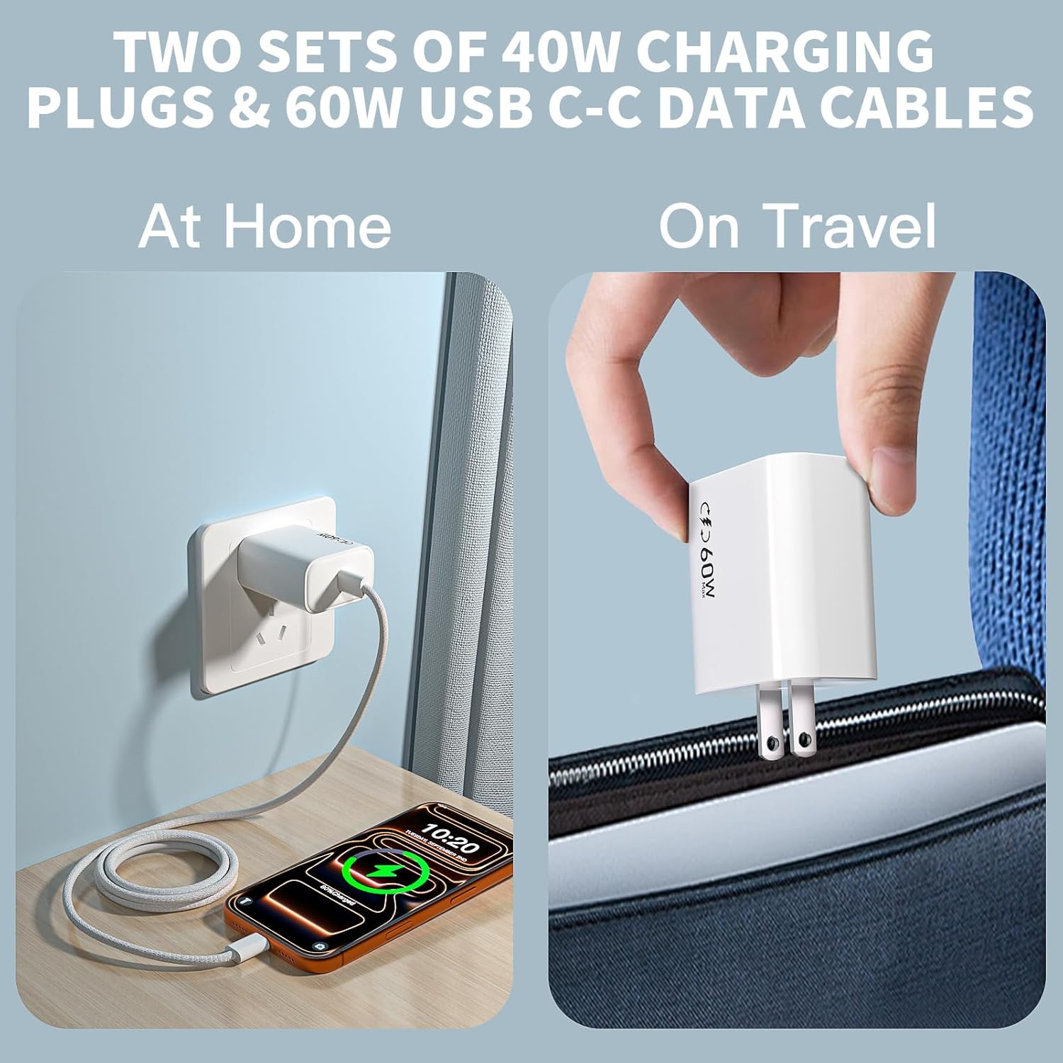 iPhone 17 Pro Charger Fast Charging,2-Pack USB C 40W Dynamic Power Adapter with 60W Max Charger Block Long 10FT USBC Woven Cable Cord Compatible with iPhone 17/Air/16/15 Plus/16/15 Pro Max/AirPods Pro