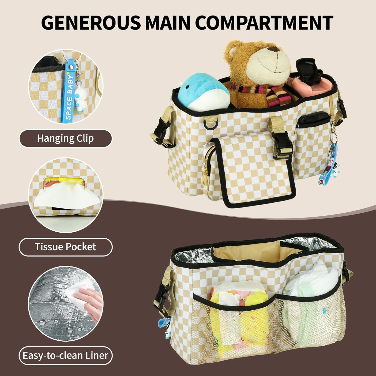 Universal Parent Console Stroller Organizer with Removable Cooler Bag & Changing Mat, Extra Large Wagon Caddy Accessories Fit for Wonderfold W4, Keenz, Jeep, Graco, Double Strollers (Checkerboard)