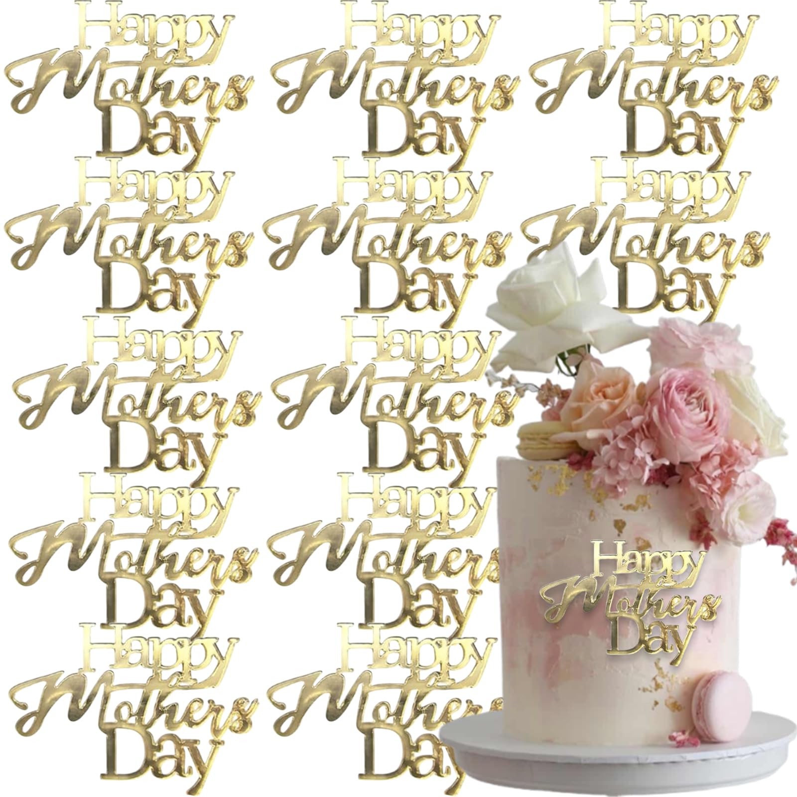 View 1 of 15 Pcs Happy Mother's Day Cake Toppers Mother's Day Gold Acrylic Cake Toppers Dessert Picks Cupcake Decorations for Mother Birthday Party DIY Decor Supplies