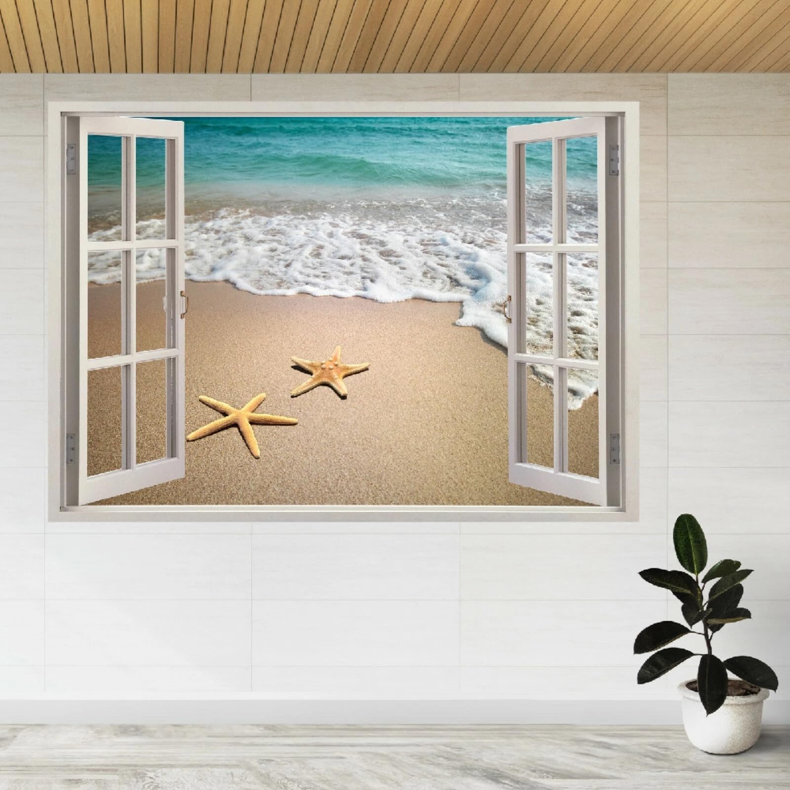 Calcomanía de pared 3D Playa De Conchas De Estrellas De Mar Vinilos Decorativos Impermeable Tatuaje de pared para dormitorio de niños, sala de estar, decoración del hogar 60x105cm