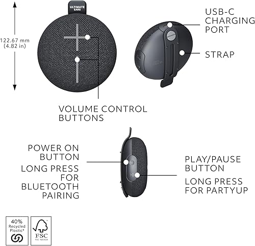 Miniatura 8 de Ultimate Ears MINIROLL Altavoz Bluetooth ultra portátil impermeable, graves grandes, IP67 a prueba de polvo, rango de 131 pies, color negro suave
