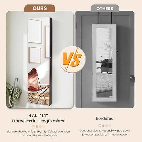 Miniatura 9 de NAFORT Armario de joyería con espejo de longitud completa 2 LED 475 pulgadas de alto armario organizador de joyas con cerradura montado en la