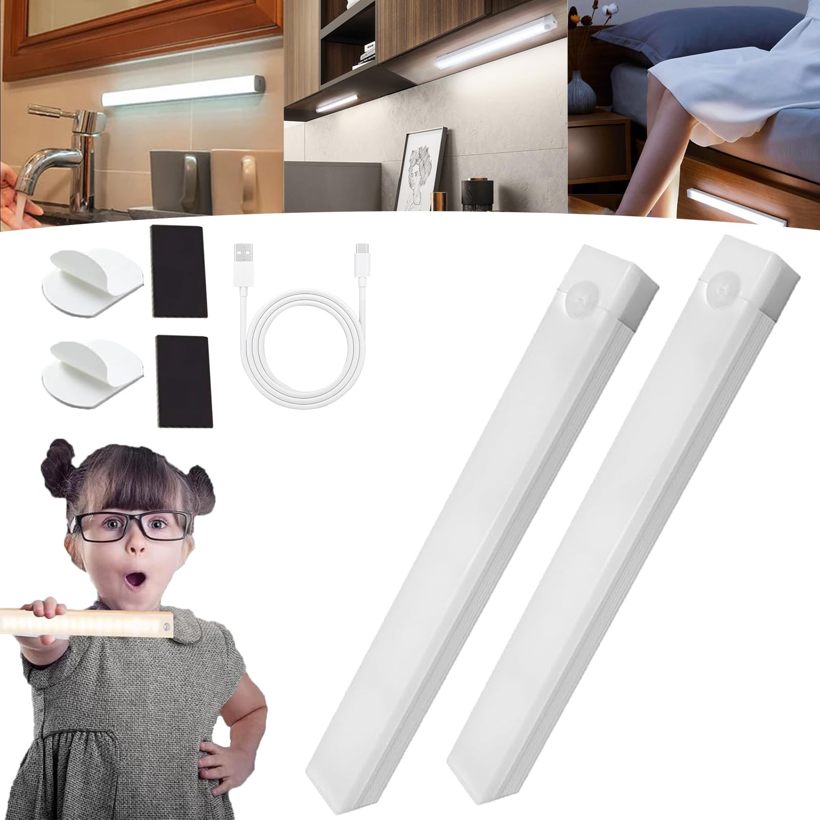 Llelemamo White*2 Punch-Free Smart Sensor Magnetic Rechargeable Led Lights, Rechargeable Motion Activated Cabinet Lights, Motion Sensor Light Indoor, Under Cabinet Bedroom Stair Lighting Wireless Indoor (,50Cm)