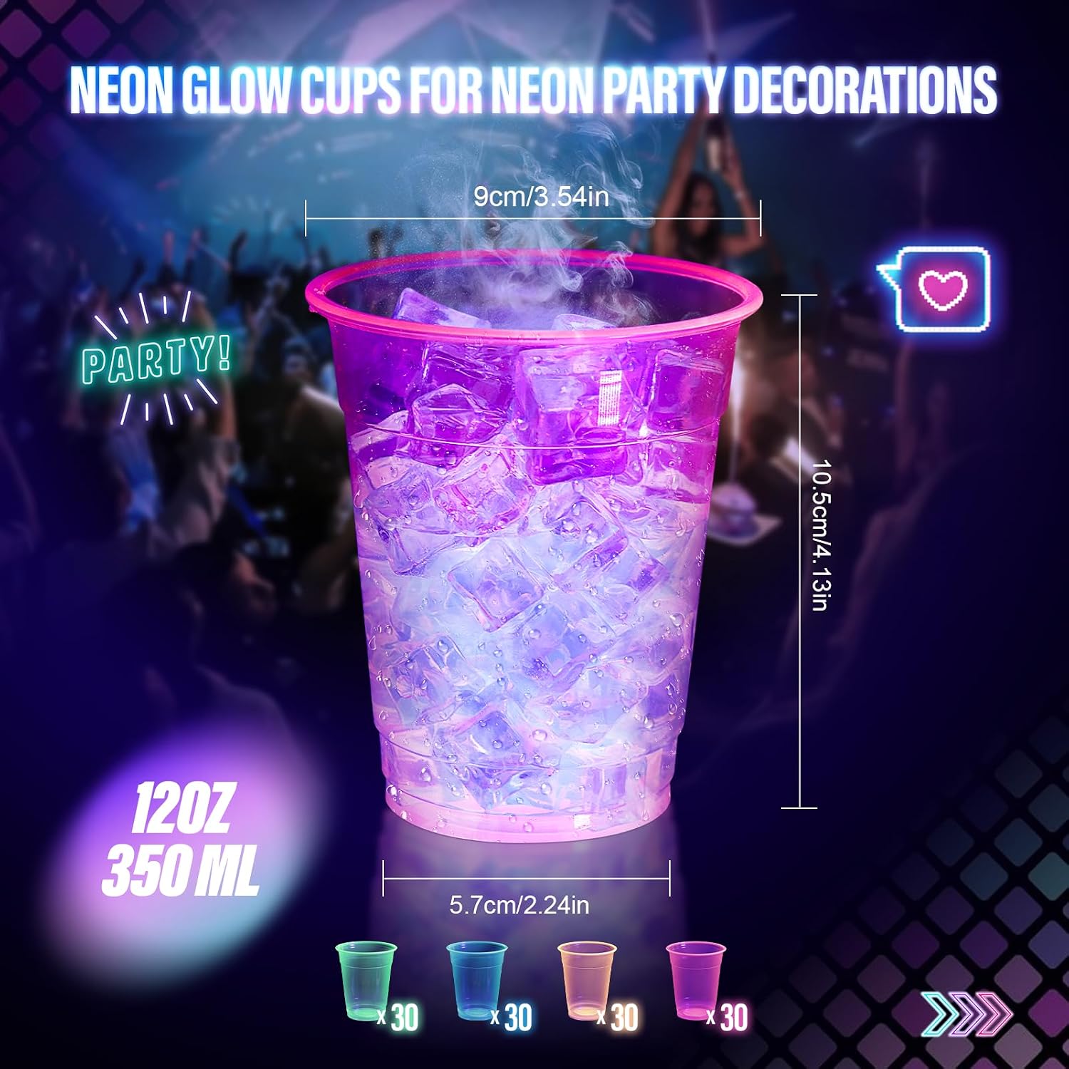 KesaPlan 120 PCS Plastic Neon Cups, 12 OZ Disposable Glow Cups Under UV Black Light for Neon Party Decorations, Colorful Glow in the Dark Cups for Rave Party Christmas Thanksgiving Halloween Holidays