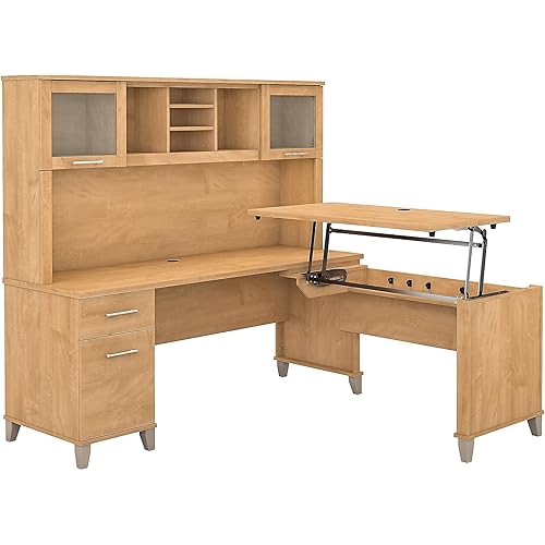 Bush Furniture Somerset 3 Position Sit to Stand L Shaped Desk with Hutch in Maple Cross Ergonomic Height Adjustable Standing Computer/Laptop Table for Home Office