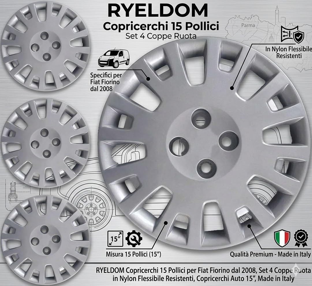 RYELDOM Copricerchi 15 Pollici per Fiat Fiorino dal 2008, Set 4 Coppe Ruota in Nylon Flessibile Resistenti, Copricerchi Auto 15", Made in Italy
