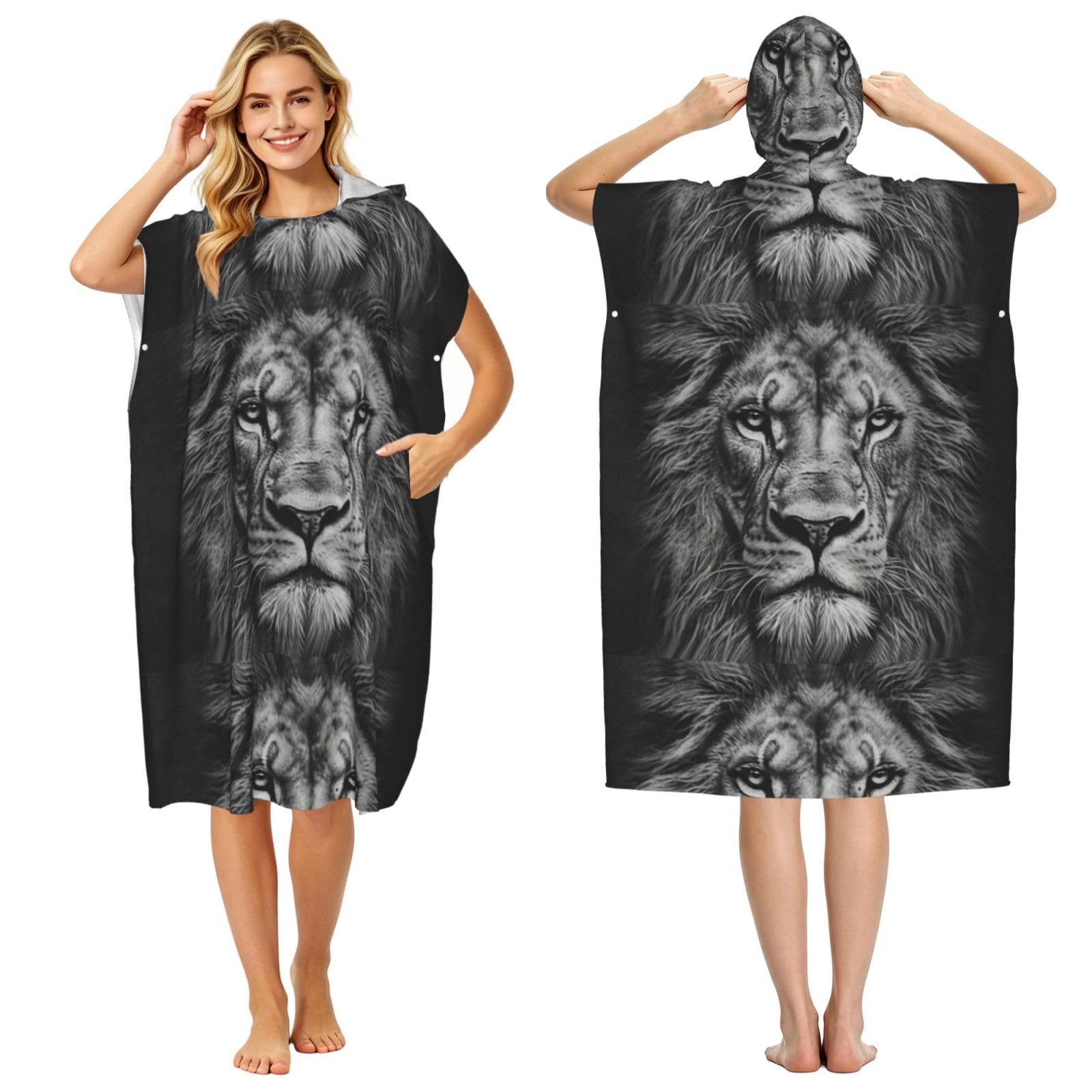 Poadnly Black And White Lion Head Print, Adult Hooded Beach Towel 90 x 110 cm,Changing Bath Robe, Surf Poncho Towel For Women Men