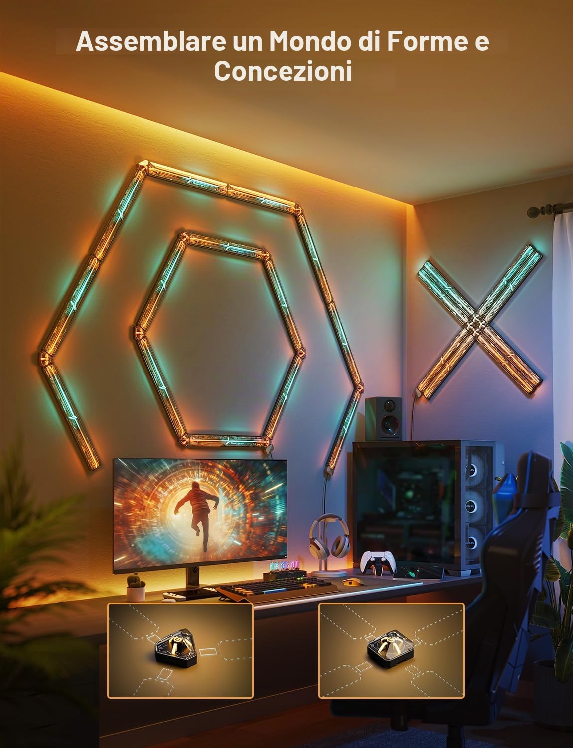 Govee RGBIC - Lampada da parete a LED per gaming Glide Wall Light, con forme e colori fai da te, 60 + effetti di scena, compatibile con opaco e Alexa, luce da gioco, 3pcs e 1 angolo