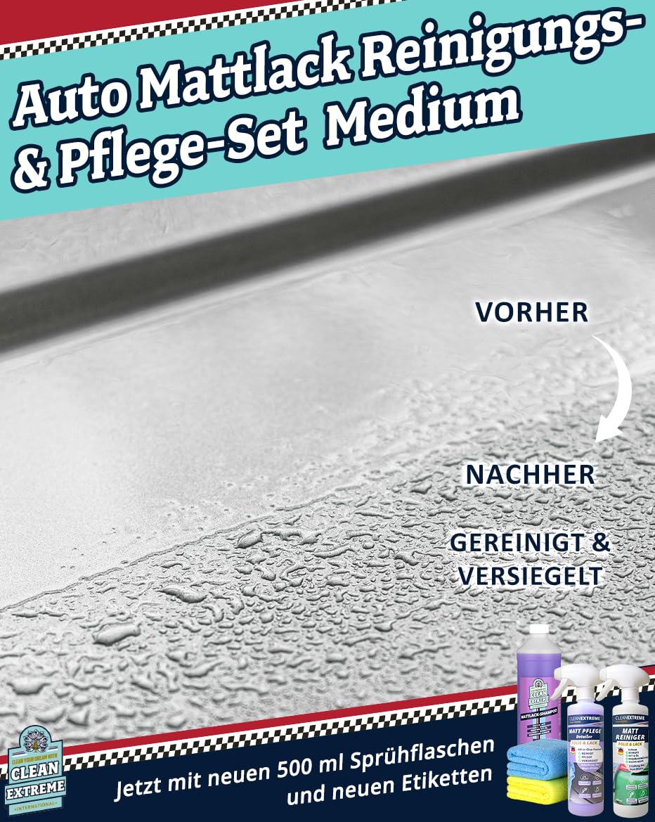 Auto Mattlack Reinigungs- & Pflege-Set Medium | 1L Shampoo Konzentrat, 500ml Mattlack Pflege mit Versiegelung (Detailer), 500 ml Matt Intensiv Reiniger + 2 Mikrofasertücher