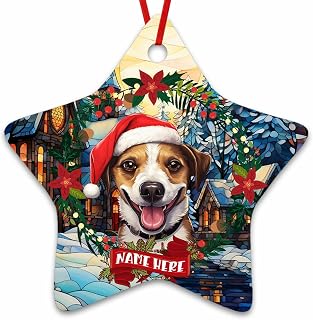Dinoz Merry Christmas Jack Russell Terrier Dog Stained Glass Tree, Santa Clause House Tree Decor Hanging Keepsake Gifts Star Ceramic Ornament Personalized Name