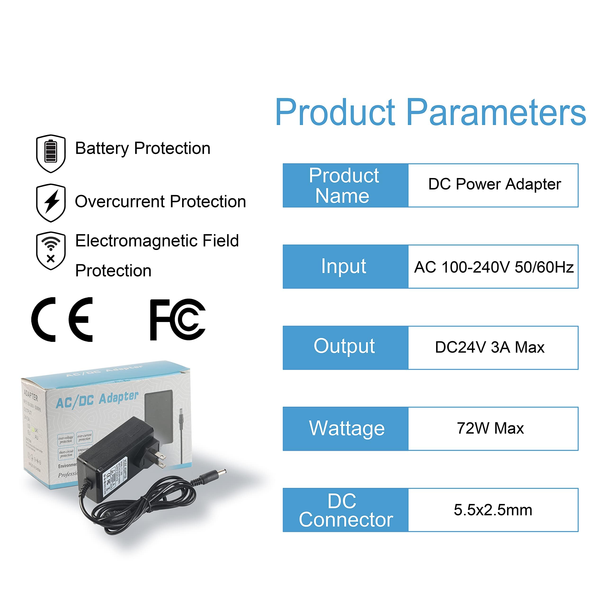 Zasilacz 24 V 3 A 72 W zasilacz sieciowy przewód zasilający 100-240 V 50-60 Hz do DC 24 V 3 A transformator 2A 1A konwerter z baryłką DC 5,5 x 2,1 mm do modułu taśmy LED, system kamer CCTV