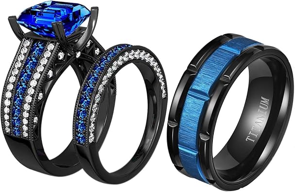 His and Hers Wedding Ring Sets Couples Rings Women 10K Black Gold Filled Blue Cz Wedding Engagement Ring Bridal Sets Mens Wedding Band