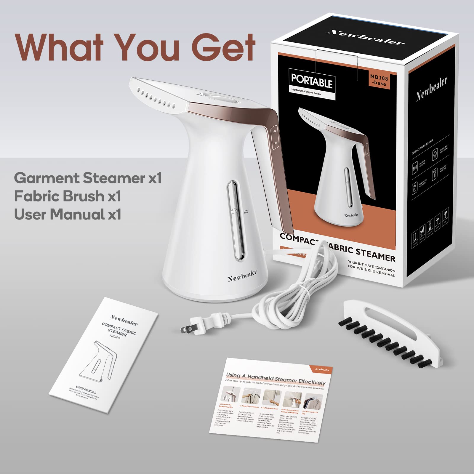 Newbealer Steamer for Clothes, 230ml Compact Handheld Fabric Wrinkle Remover, Clothing Iron with Brush, Portable for Home/Travel (Basic Edition, Gold)