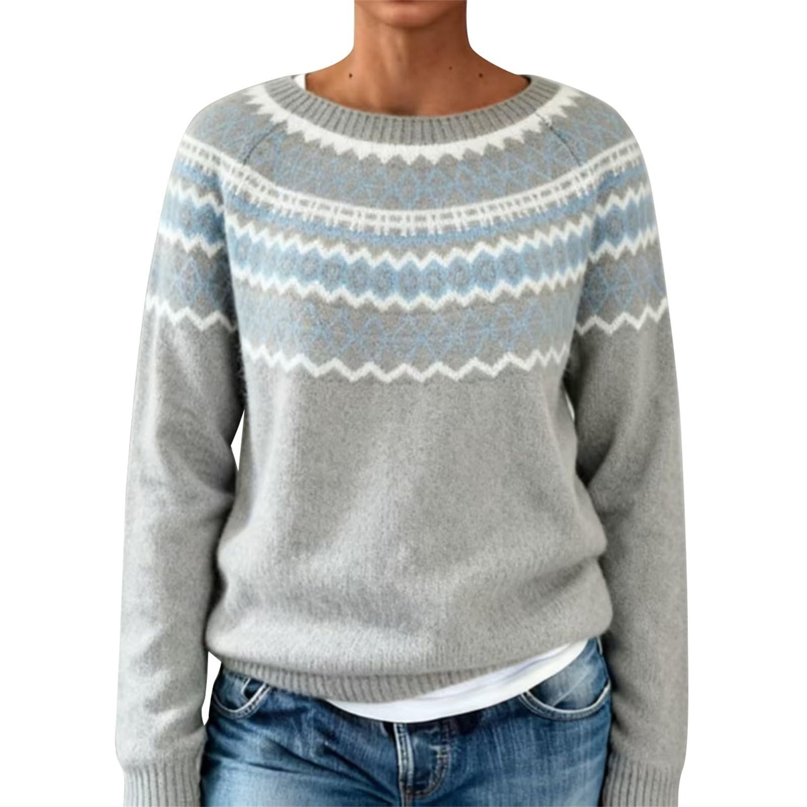 Women Fair Isle Sweater Crew Neck Knitted Oversized Cozy Comfy Vintage Pullover Tops Cute Fall Winter Warm Sweater