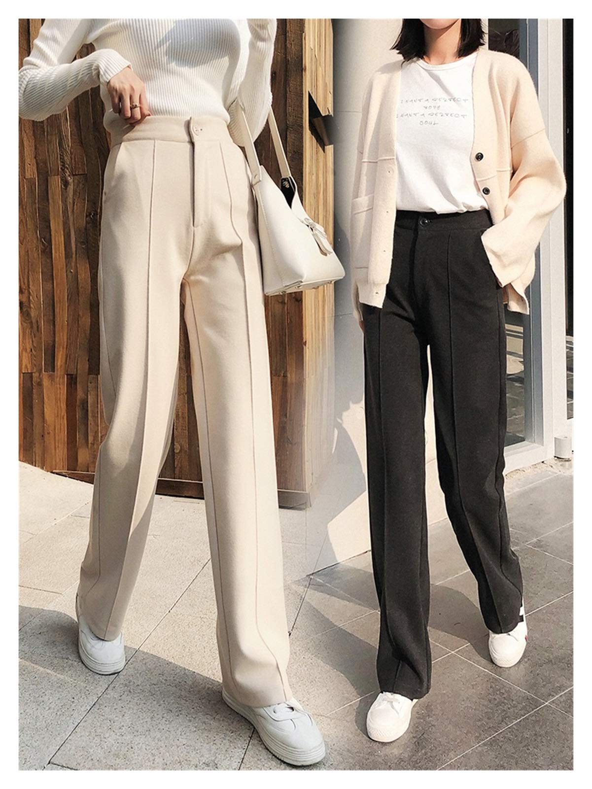 Pantalones de pierna ancha que caen otoño e invierno de invierno pantalones rectos de la cintura alta versátil pantalones de trapeadores sueltos versátiles