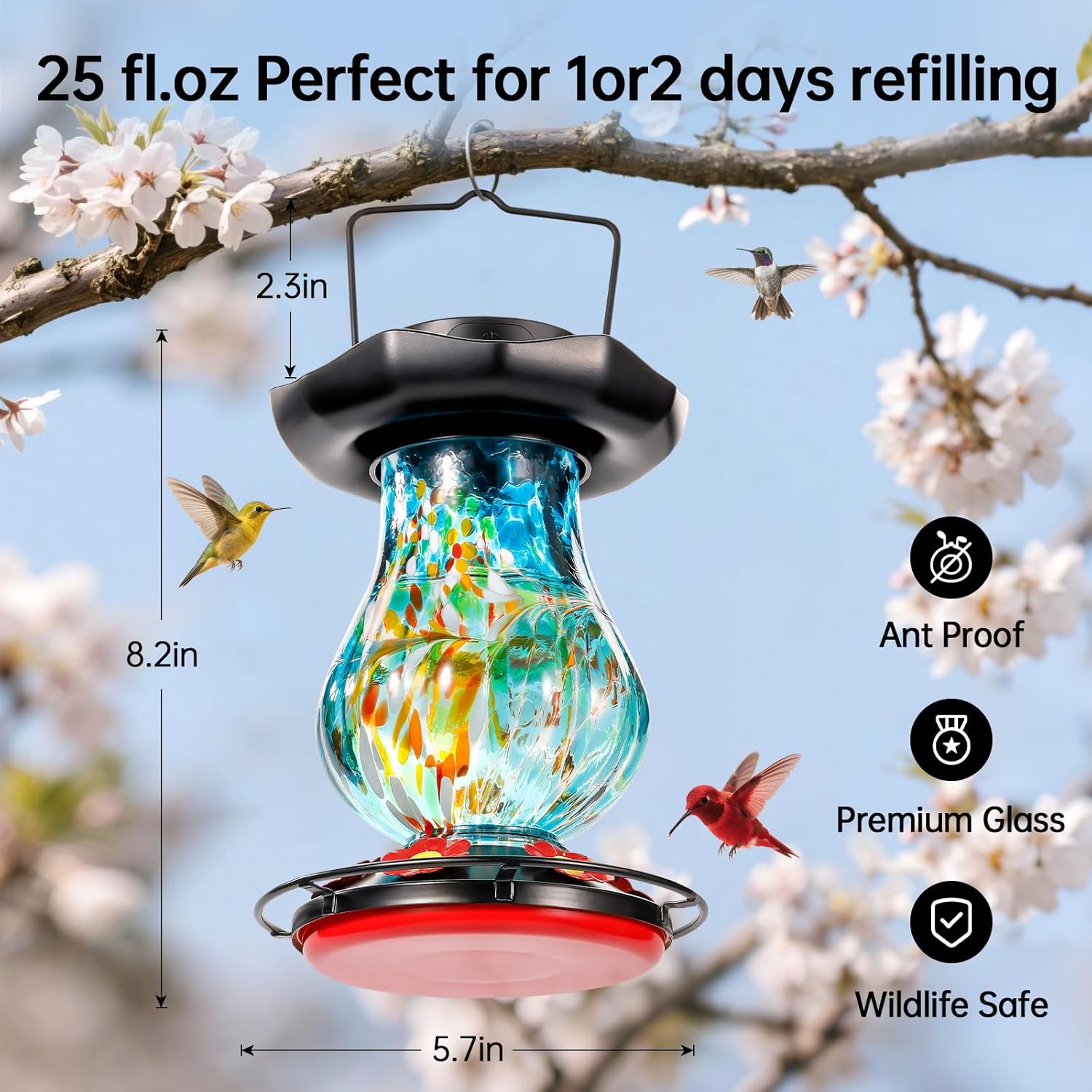 Solar Hummingbird Feeder for Outdoor - 25 fl.oz Hand Blown Glass Hummingbird Feeders for Outdoors Hanging, Large Capacity with Moat, 6 Colors Changing Light Outside Garden Decor (Blue) - Image 5
