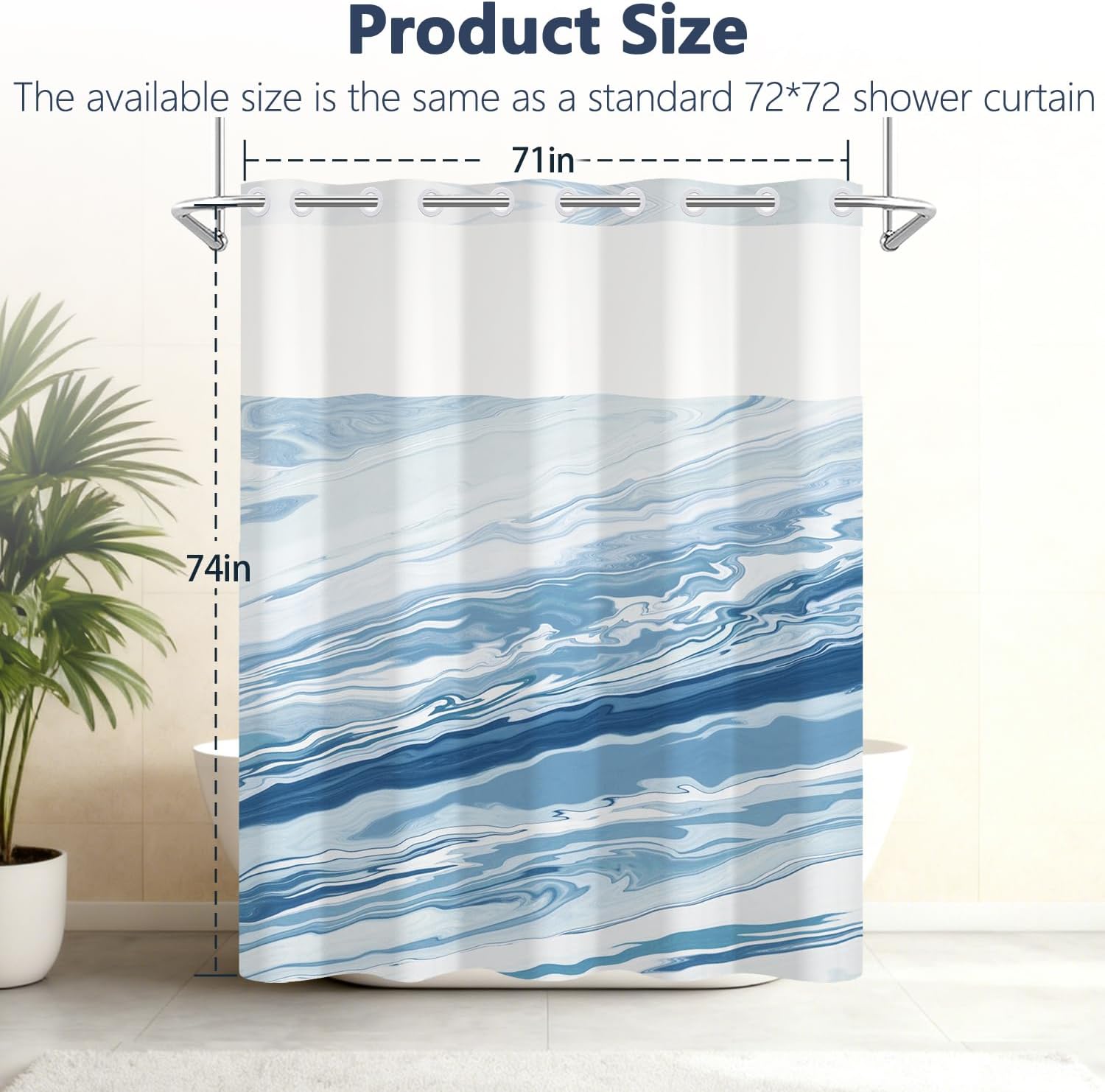 Blue Marble Shower Curtains for Bathroom, Waterproof Double Layers Fabric No Hook Shower Curtain and Liner with Top Mesh Window, Blue White Modern Hotel Style Bath Curtain and Weighted Hem, 71x74 Inch