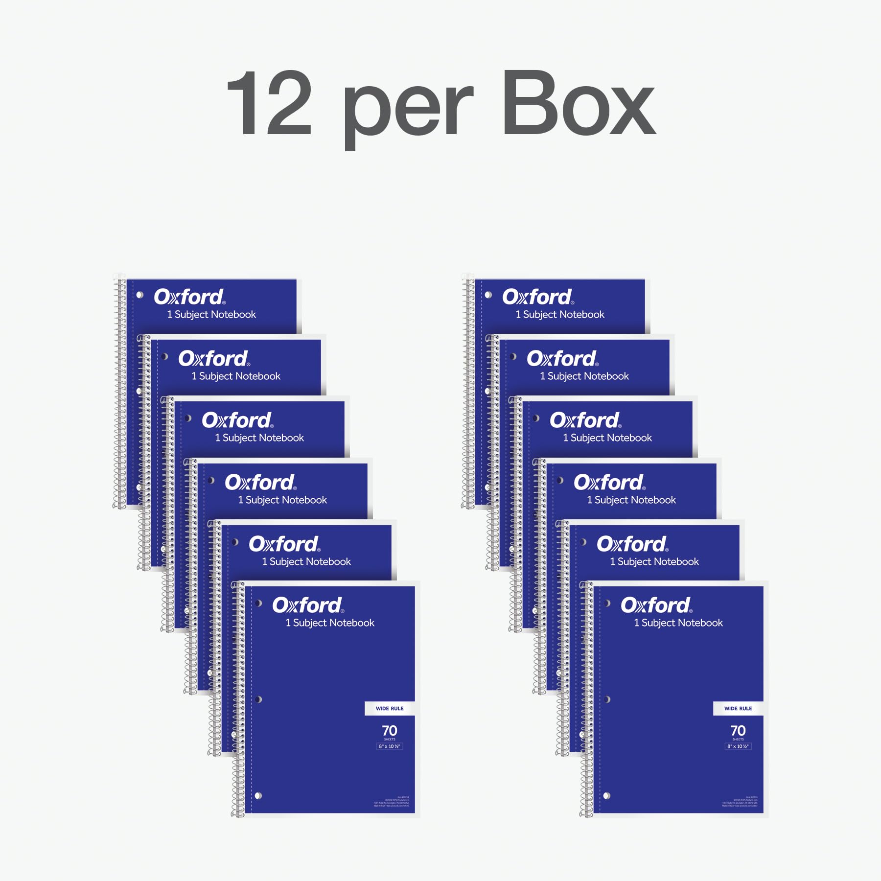 Oxford Cuaderno en espiral, paquete de 12, 1 materia, papel rayado ancho, 8 x 10-1/2 pulgadas, tapas azules, 70 hojas perforadas (65218)