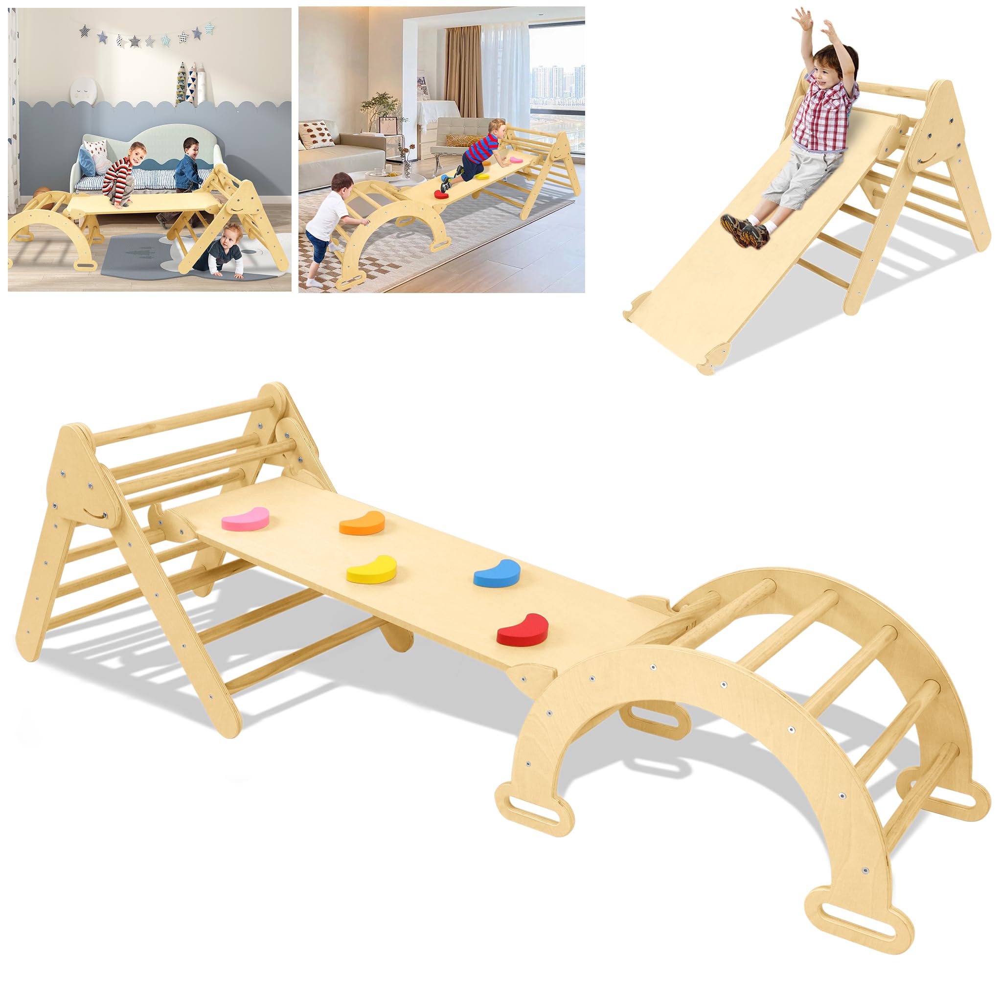 SAILUN Indoor Climbing Frame, Wall Bars 3 in 1, Montessori Climbing Triangle, Wooden Toddler Climbing Frame Set, Baby Slide Climbing Frames, Indoor Climbing Arch for Toddlers from 2-8 Years