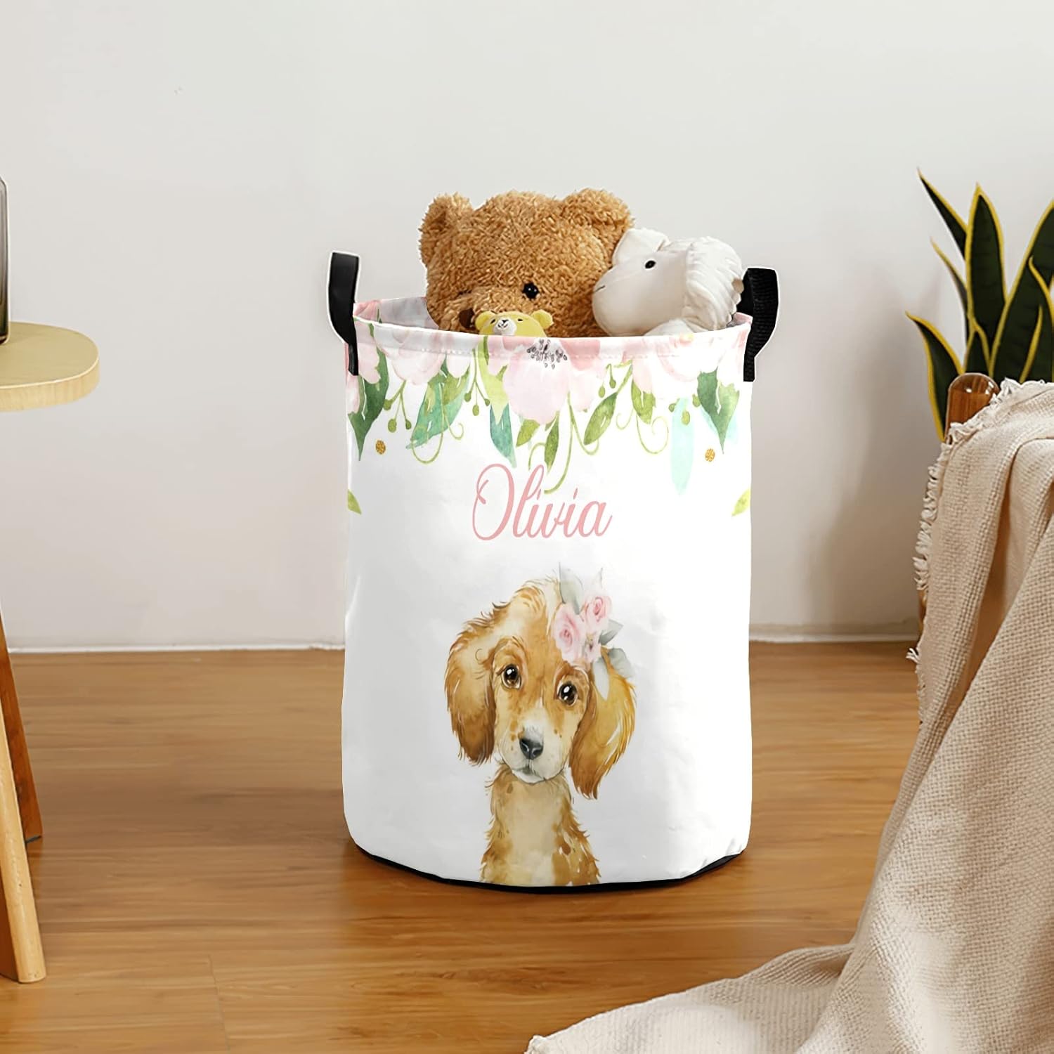 Floral Dog Soft Pink Personalized Laundry Basket Clothes Hamper with Handles Waterproof,Collapsible Laundry Storage Baskets for Bathroom,Bedroom Decorative