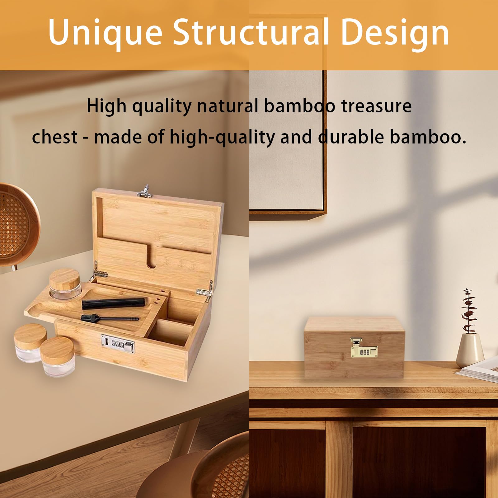 Boîte en Bambou avec Serrure à Combinaison, Coffre Rangement 18L Avec Serrure à Combinaison Rangement En Bois Avec Plateau Amovible Et Coupe En Verre Pour Chambre Bureau Salon 25x17x11cm