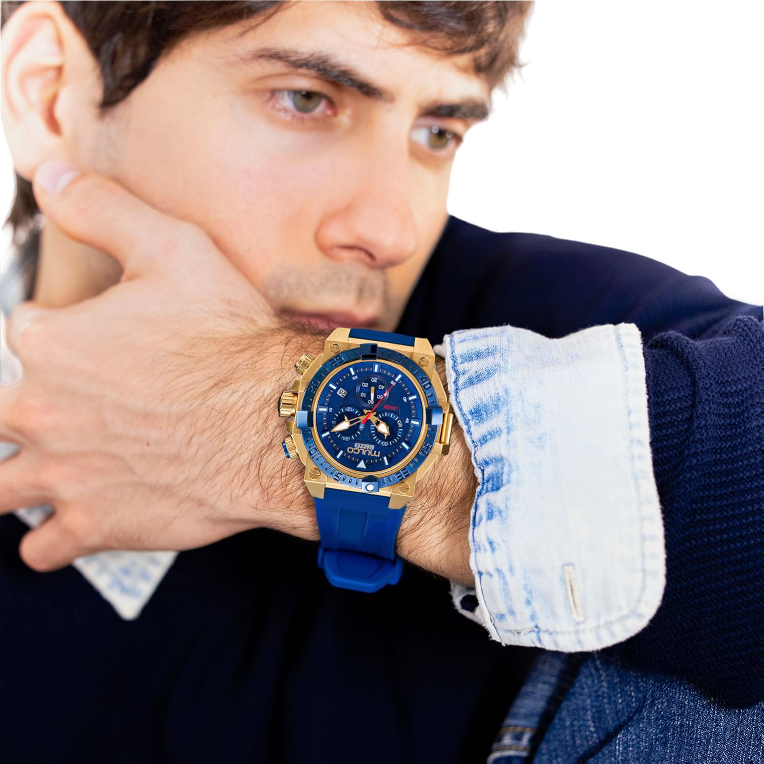 MULCO Buzo - Relojes para hombre, caja de acero inoxidable con correa de silicona o correa de acero inoxidable, movimiento cronógrafo de cuarzo, pantalla analógica de esfera grande, 100 m, resistente