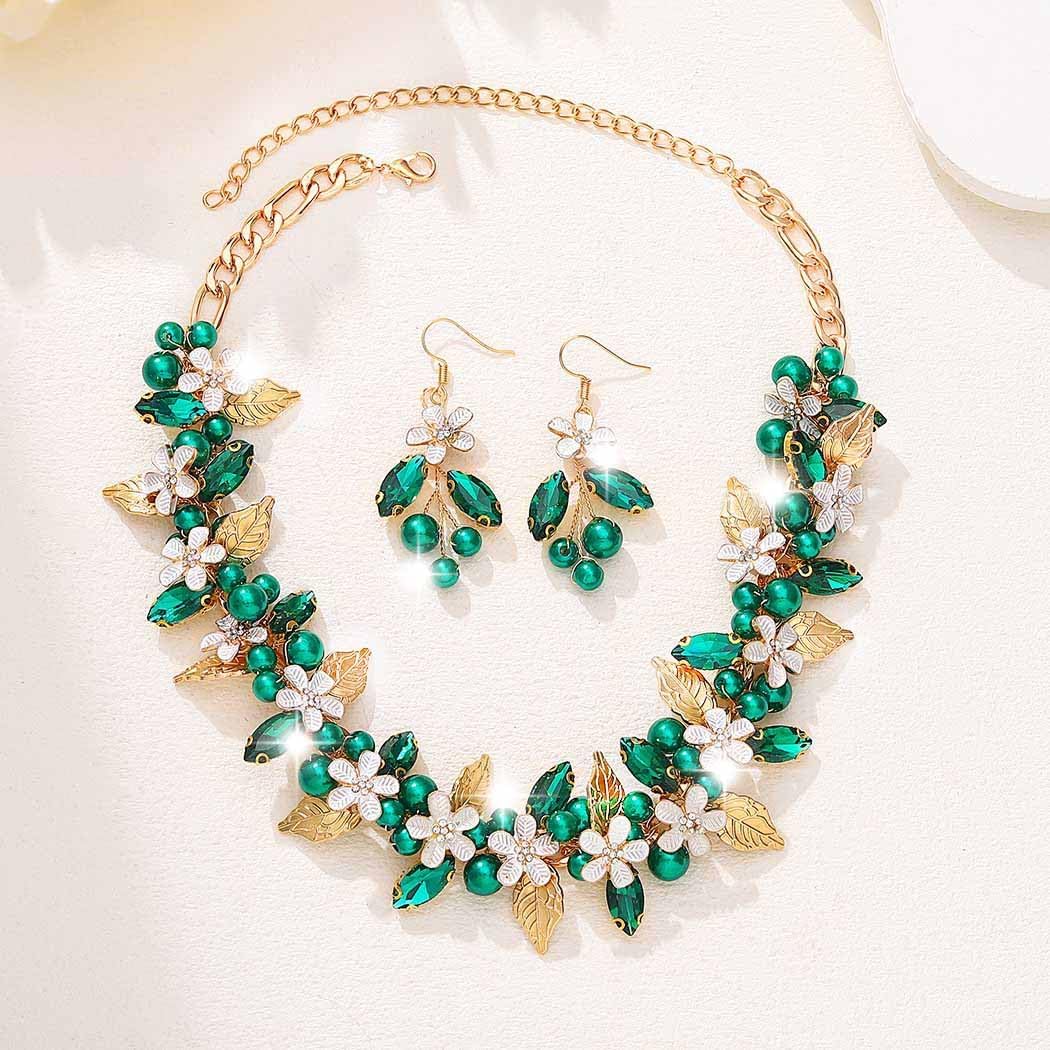 Unicra Flower Bridal Wedding Jewelry Set Gold Green Crystal Necklace Earrings Sets Pearl Formal Costume Jewelry for Women and Brides - Image 2