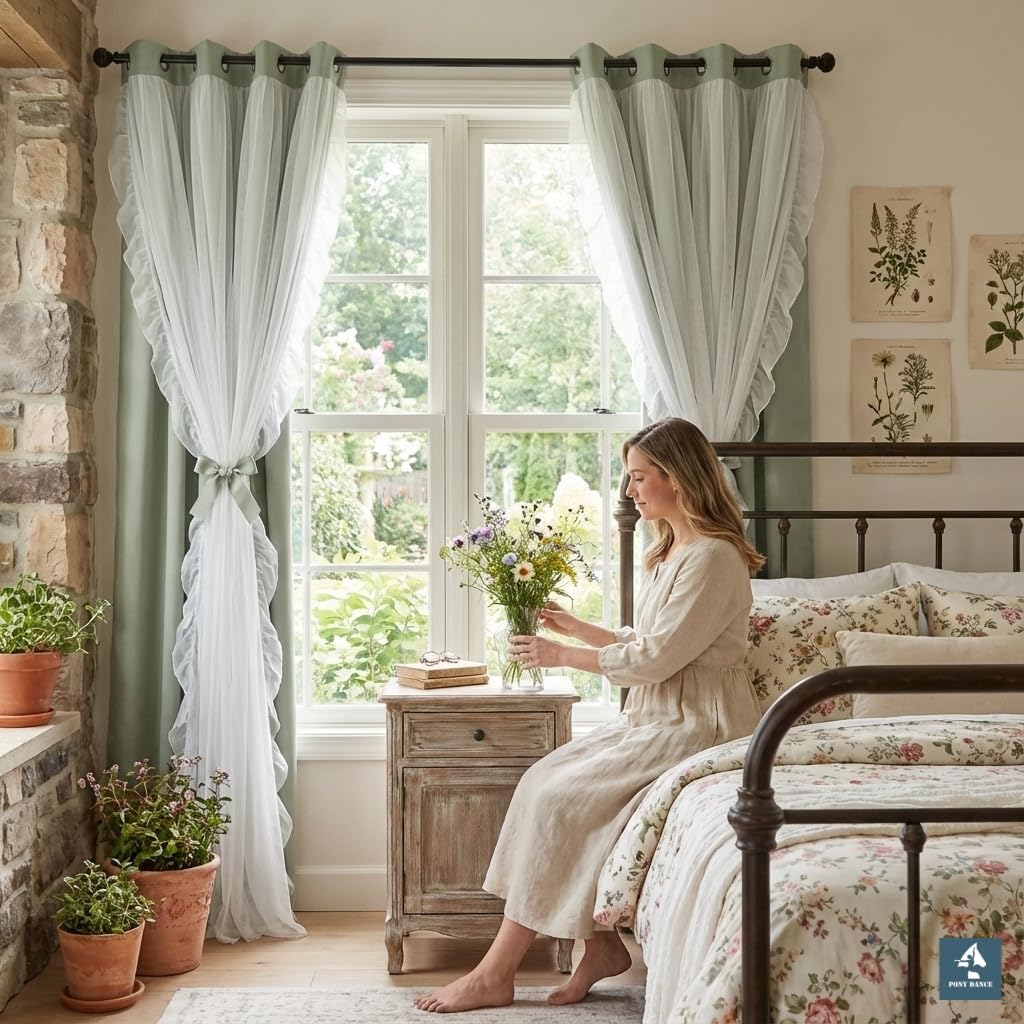 Condition photo showing As Is for pony dance blackout curtains for whimsical forest teen room, double layer drapes ruffle sheer overlay farmhouse rustic design, w 52 x l 84 inches, sage green, 2 panels 52"w x 84"l (pack of 2) sage green