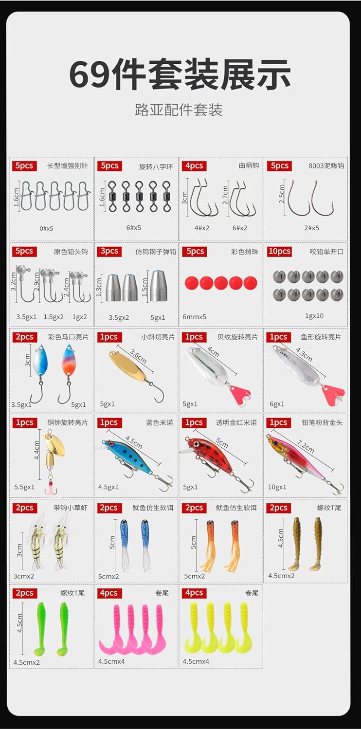 Freshwater Bait Tackle Kit Fishing Lures Kit for Bass Trout Salmon Fishing Tackle Box Accessories Saltwater Freshwater Trout 69Pcs Fishing Lure Tackle
