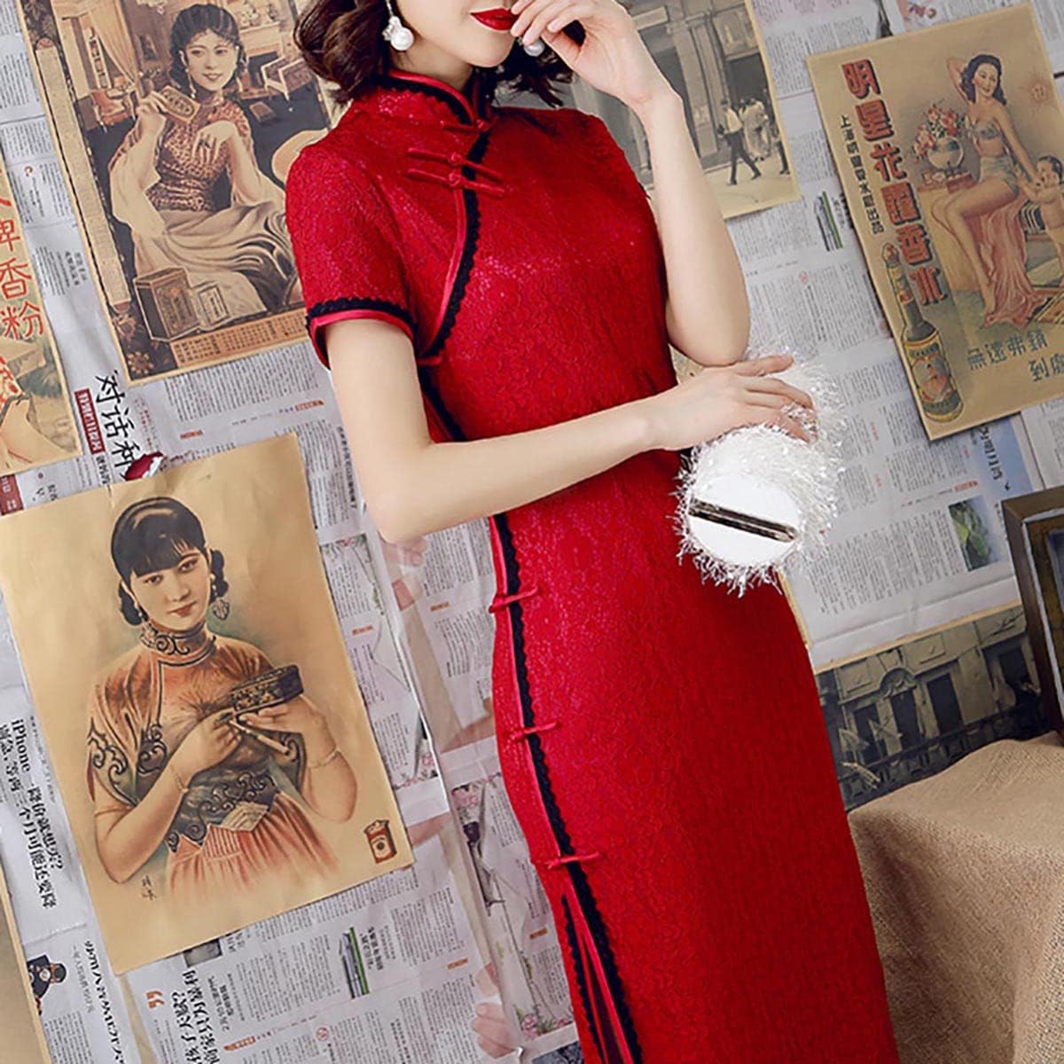 Women's Floral Lace Cheongsam Qipao Dress Short Sleeve Mandarin Collar Midi Sheath Dress