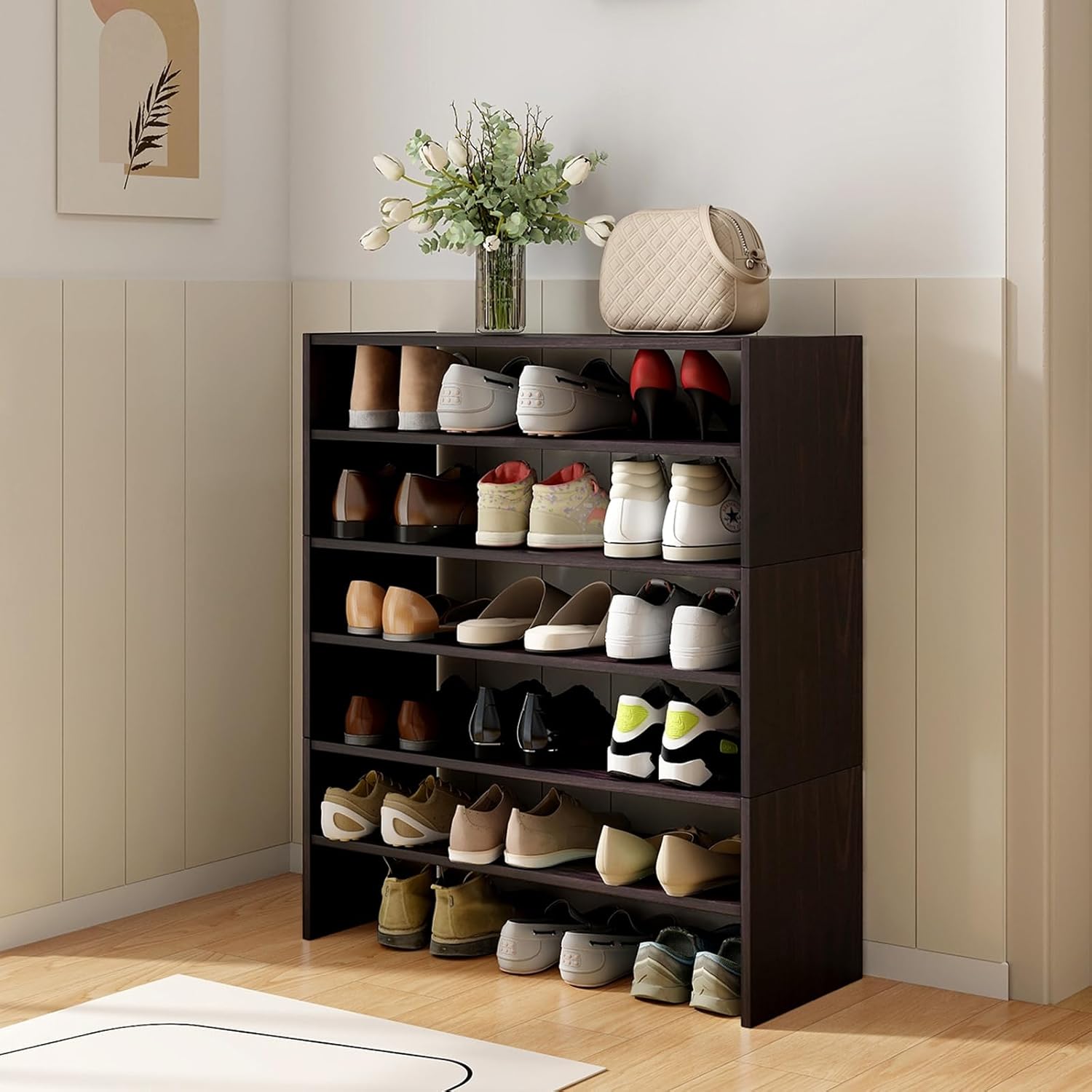 LDAILY 6-Tier Shoe Rack, Freestanding Stackable Shoe Organizer for 18 Pairs, Anti-Tipping Shoe Storage Shelf, 31’’ Wide Wood Shoe Rack for Closet, Front Door Entrance, Entryway, Living Room (Brown)