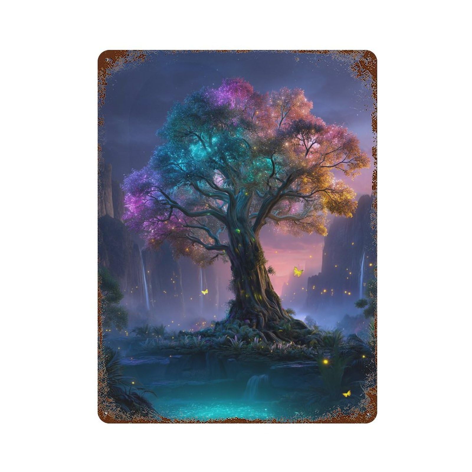 Enchanted Rainbow Tree Landscape 15.7"x11.8" Vintage Rust Metal Sign, Novelty Wall Decor for Living Room, Hallway And Home Decor