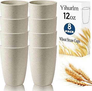 Wheat Straw Cups,8 PCS Unbreakable Drinking Cup,12 oz Plastic Cups Reusable,Wheat Straw Unbreakable Cup,Plastic Reusable Cups for Kitchen Camping Party,Dishwasher & Microwave SafeBeige