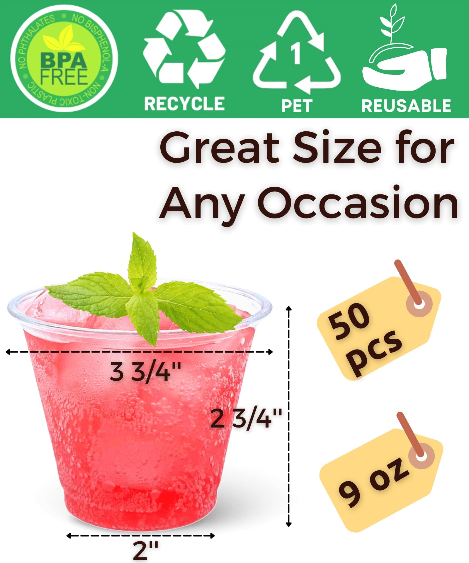 Aatriet 9 oz Clear Plastic Cups, 50 Pack Classic Clear Disposable Wine Cups for Wedding & Party, Elegant Cocktail Cup, Plastic Tumblers for Iced Coffee, Cold Beverage