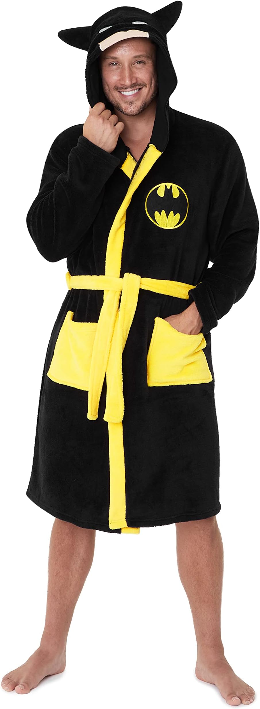 DC Comics Batman Men's Bathrobe with Hood, Fluffy Fleece Dressing Gown