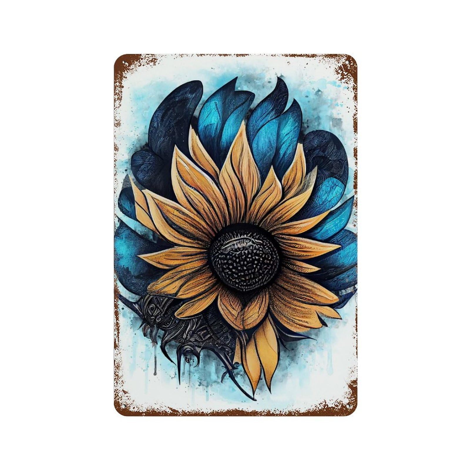 Aged Metal Wall Plaque with Detailed Sunflower Artwork Design 11.8"x7.9", for Pub, Kitchen And Man Cave Decor, Shabby Chic Decor