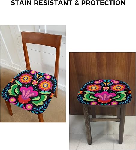 Miniatura 6 de Juego de 4 fundas de asiento coloridas con patrón mexicano floral para sillas de comedor, fundas de asiento de silla de oficina, fundas de asiento