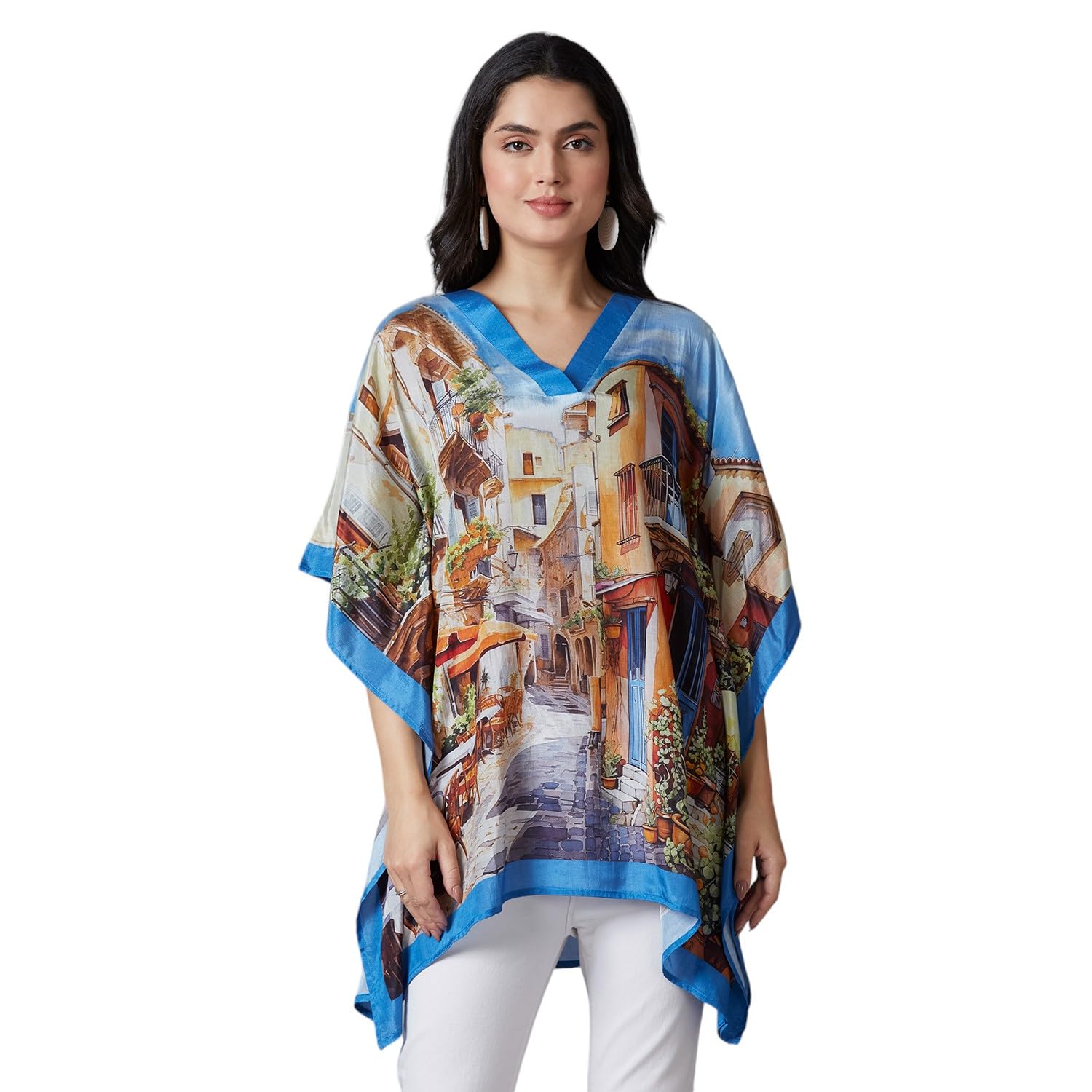 Women's || Blue Multicolor Scenery Printed Kaftan Top || Viscose Material || Top Kaftan for Women || Short Kaftan-image-43
