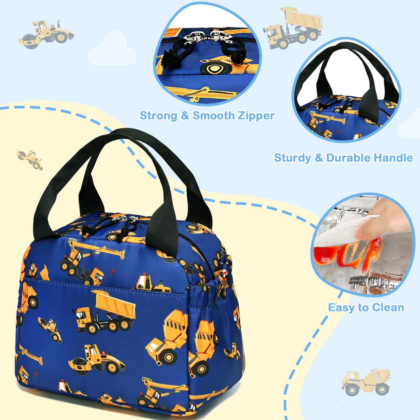 Lonchera térmica para niños, grande, reutilizable, a prueba de fugas, para niños, niñas, escuela, viajes, picnic (coche de ingeniería) azul
