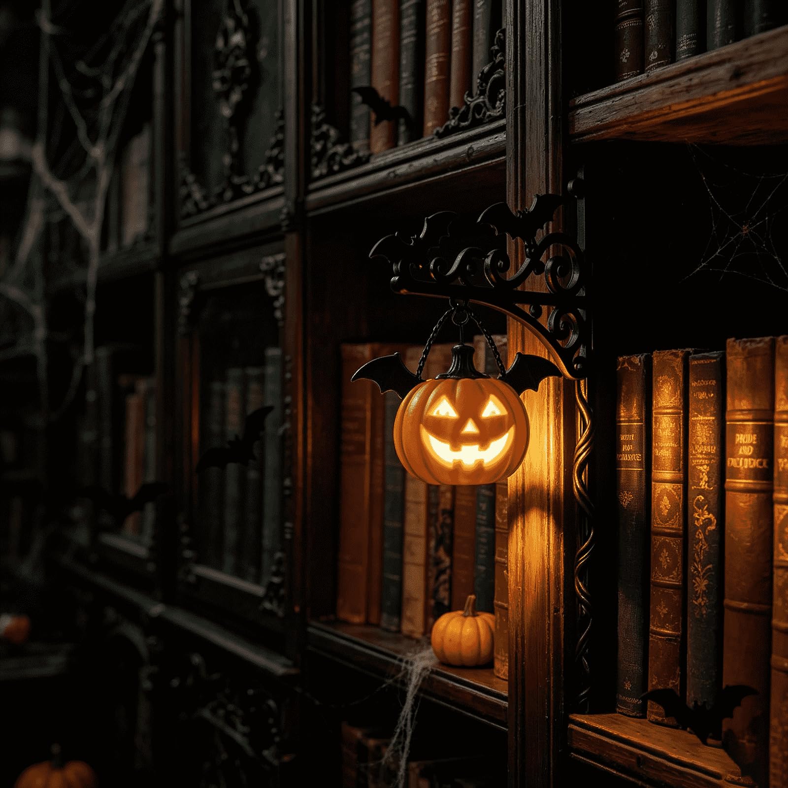Halloween Library Lantern Mini Bookshelf Lamp, Halloween Decorative Bookshelf Lighting, Vintage Table Desk Bookcase Lamps, Little Reading Book LED Nightlight for Bedroom, Library (# D)