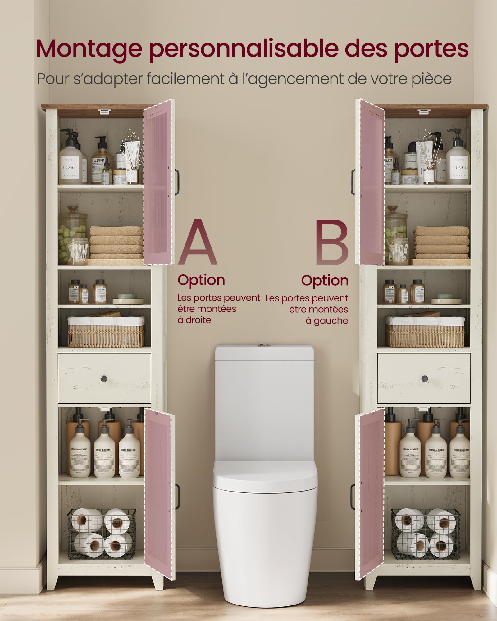 VASAGLE LIRY Collection - Armoire Salle de Bain Style Campagne, Meuble de Rangement Mince, Compartiments Ouverts, 1 Tiroir, avec Portes, Blanc Rustique et Marron Miel, 31,5 x 40 x 171 cm BBK760W101