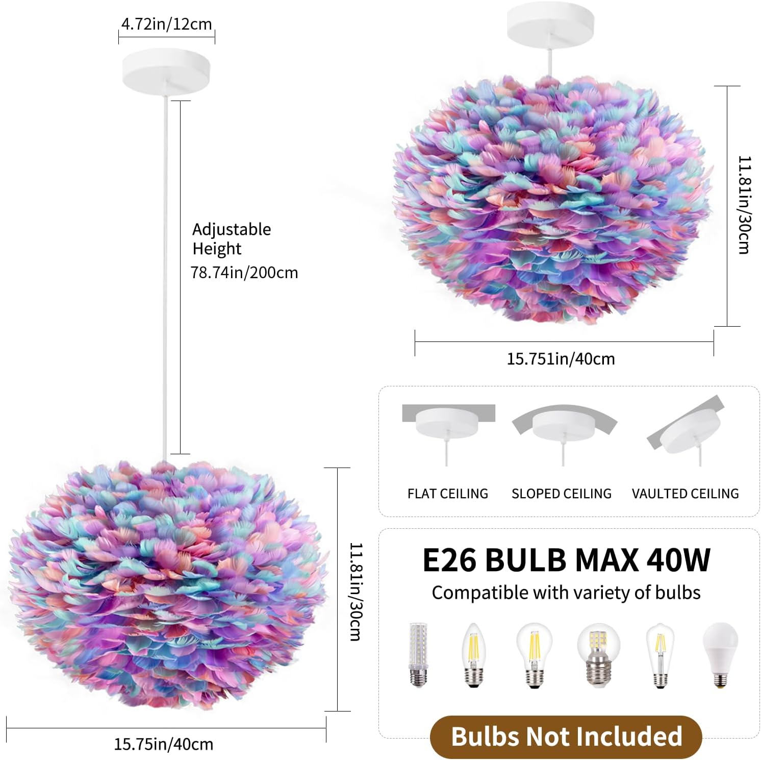 NZV Colorful Feather Chandeliers for Girls Room 15.8in Beautiful Feathers Chandelier Girls Bedroom Pendant Light Fixture Color Hanging Ceiling Lighting for Dining Room Kitchen Island Foyer Entryway