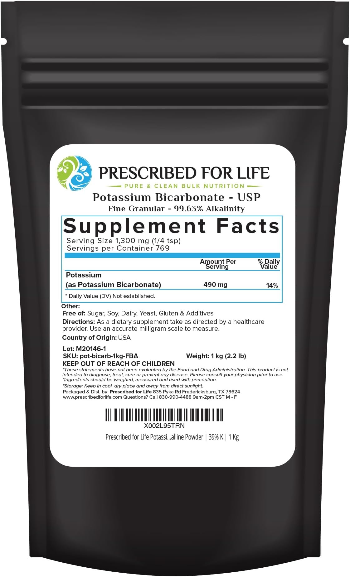 Prescribed for Life Potassium Bicarbonate Powder, Pure USP & Food Grade Potassium Bicarbonate for Plants, Winemaking, & Baking, Crystalline Powder, 39% K (1kg / 2.2lb)