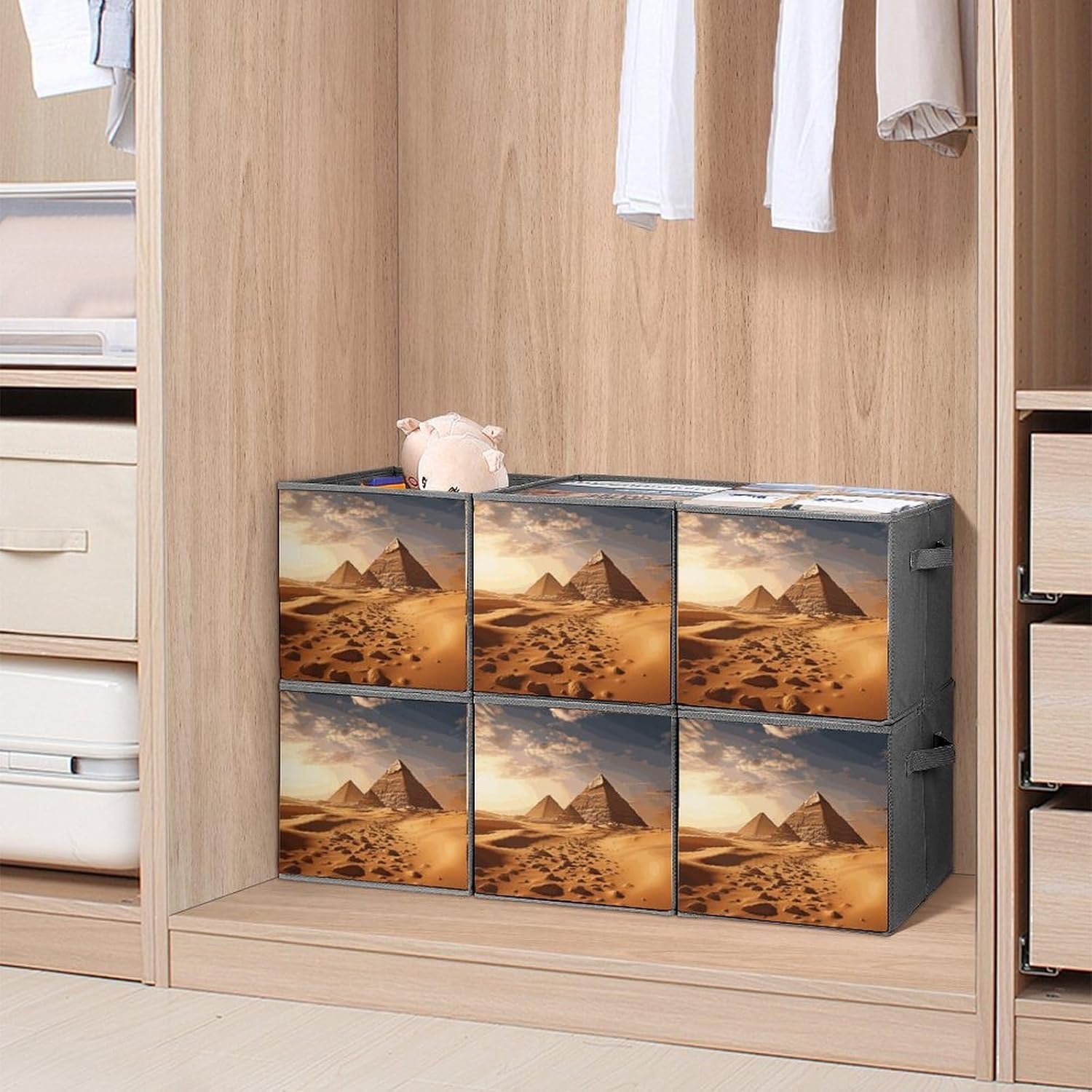 Pyramid Africa Desert Storage Cubes Set of 6 Storage Bins with Handles Collapsible Storage Basket Fabric Storage Box for Shelves Large Closet Shelf Organizer for Organization 11 Inch