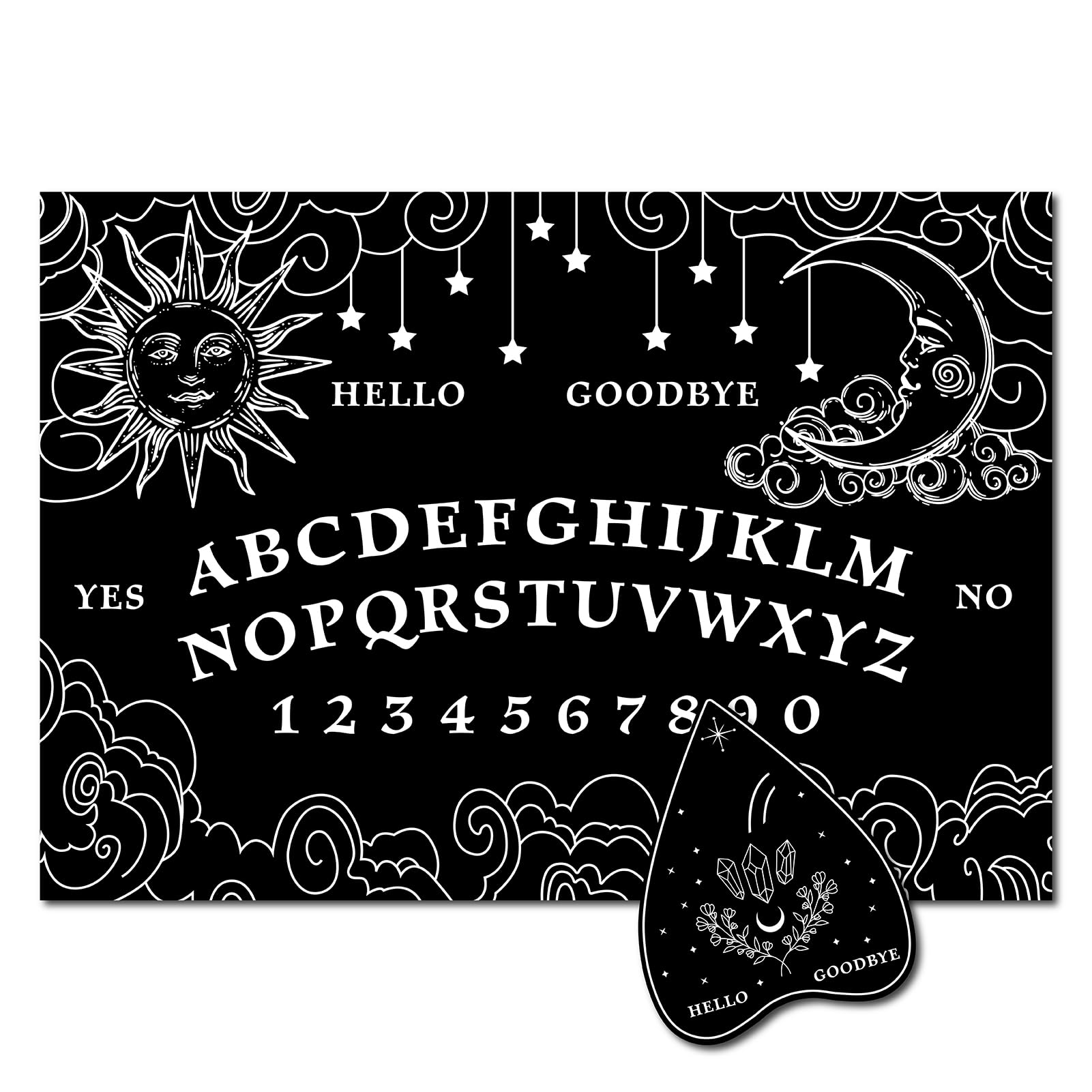 Black Wood Spirit Talking Board with Sun Stars Rectangle Wooden Pendulum Dowsing Divination Board with Planchette Spirit Hunt Metaphysical Message Supplies Kit for Wicca 11.8X8.3 in