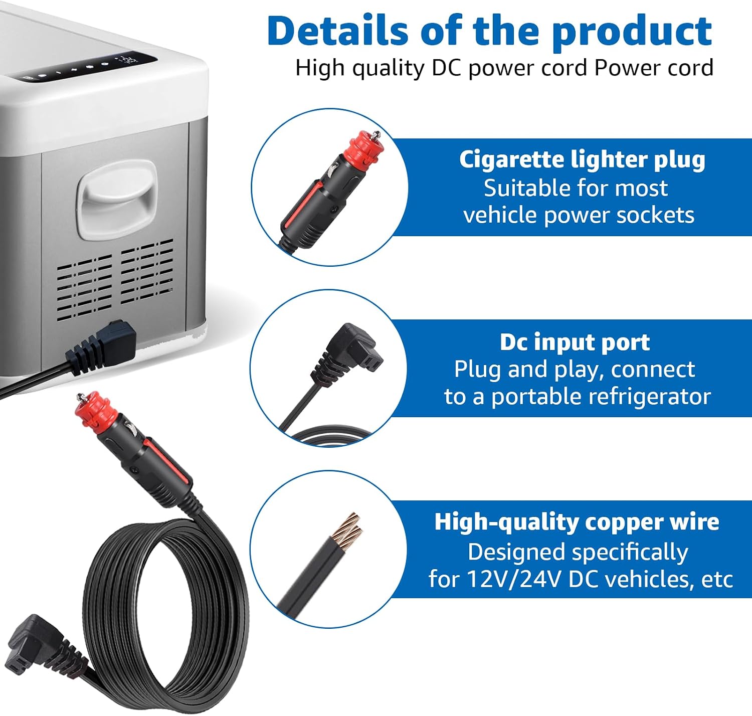 12V Refrigerator DC Power Cord Compatible with Bodega, ICECO, Euhomy, BougeRV, Alpicool, ARB, Setpower, JoyTutus Coolers Power Cord for Most 12V/24V Portable Fridge Freezer