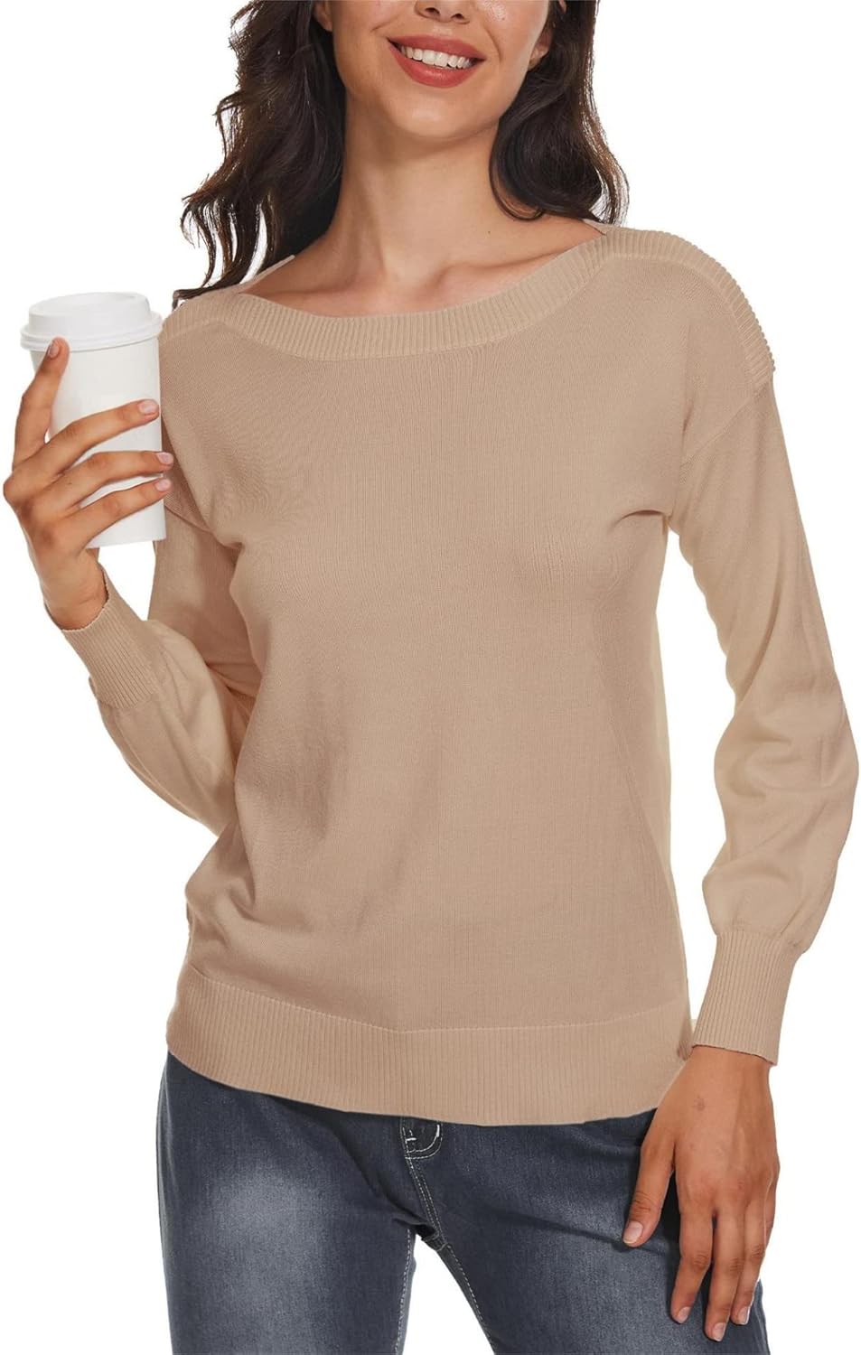 Women's Boat Neck Long Sleeve Sweaters Casual Lightweight Knit Pullover Tops Fall Winter Trendy